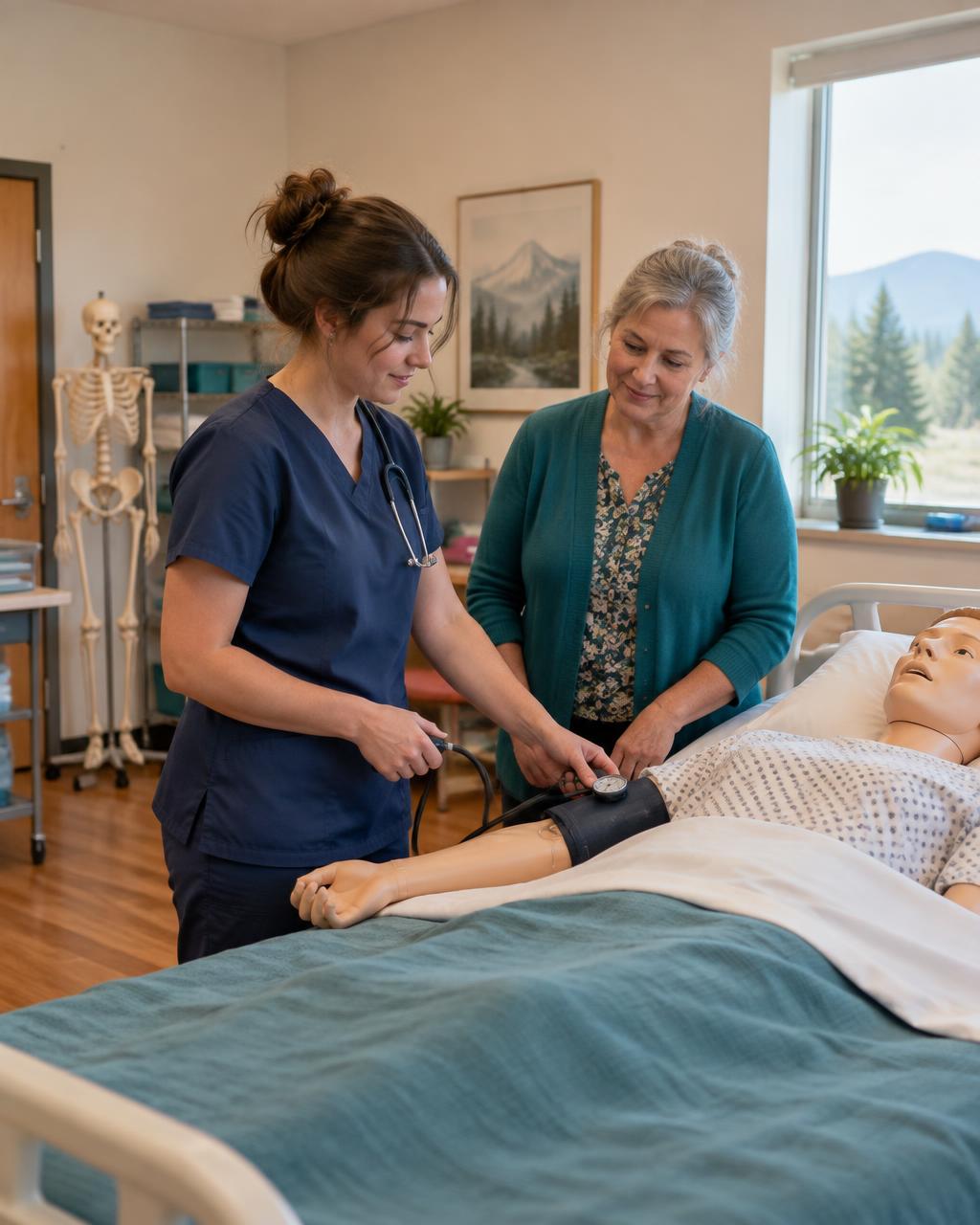 A Northwest Care Academy student practicing patient care skills